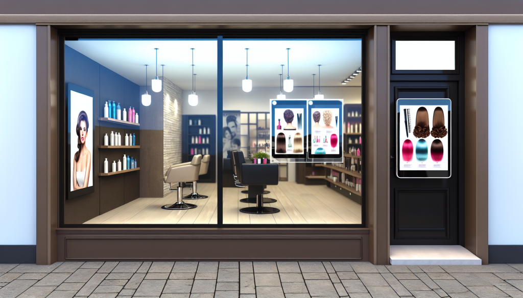 vitrine d'un salon de coiffure avec de écran en vitrine